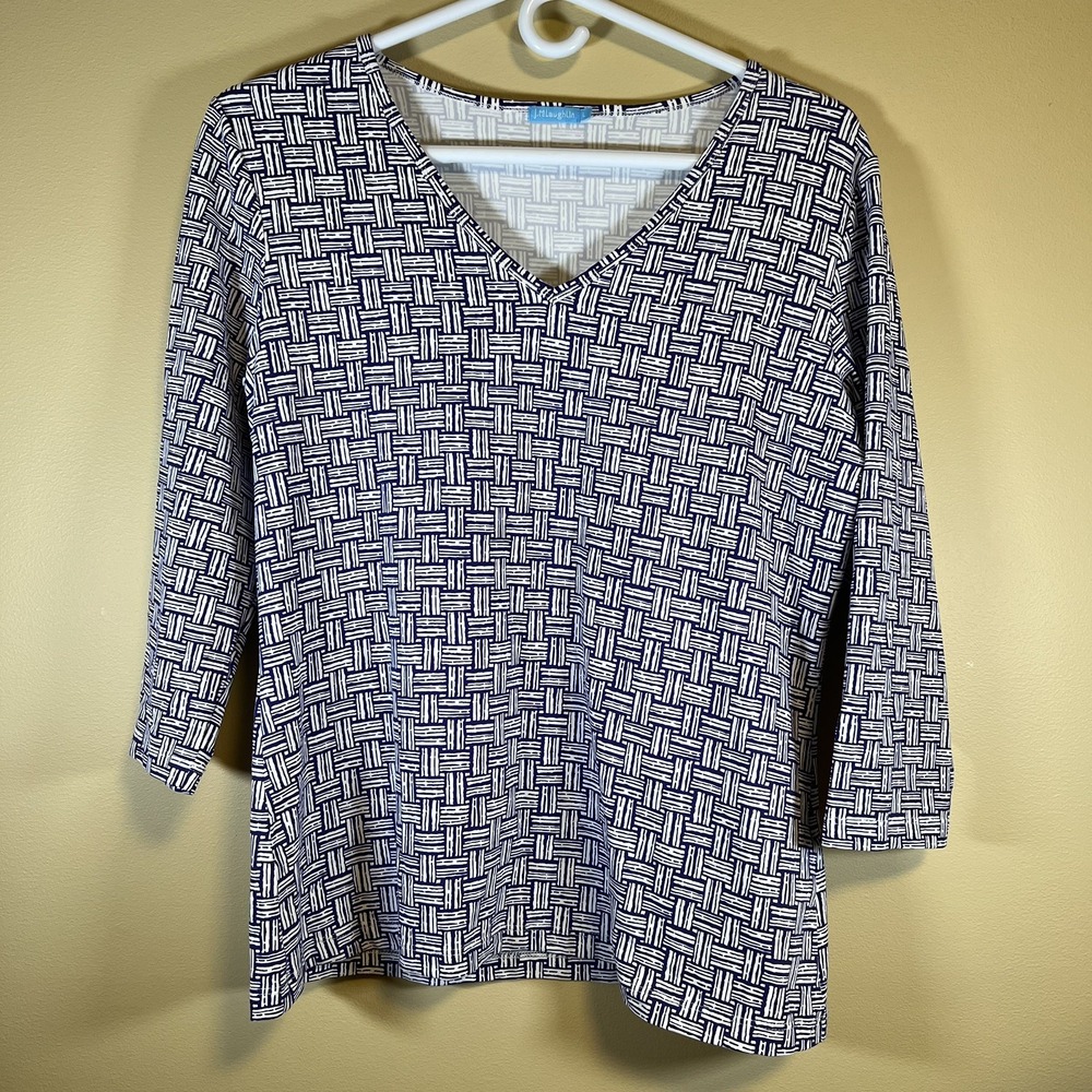J McLaughlin Top Large Womens Catalina Cloth Nylon V Neck Blue White Basketweave